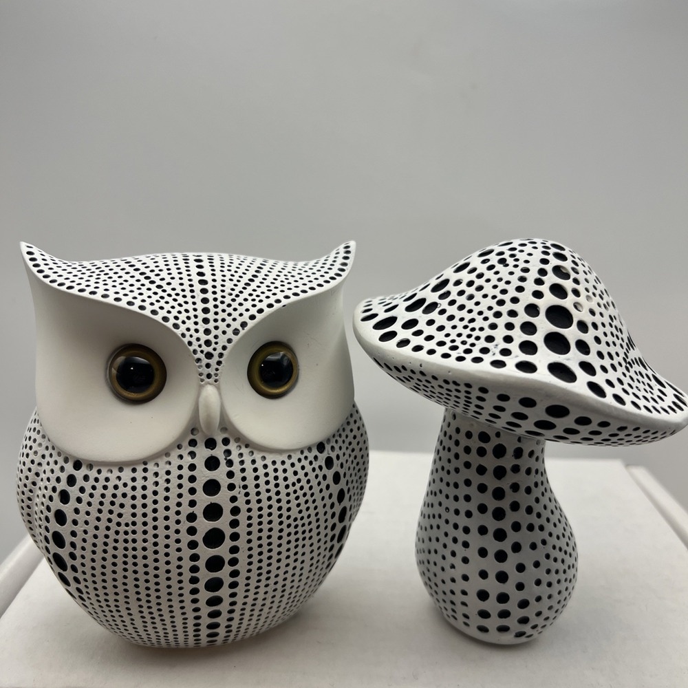 Modern Black White Dotted Owl & Mushroom Figurine Set Polka Dot Pop Art Decor